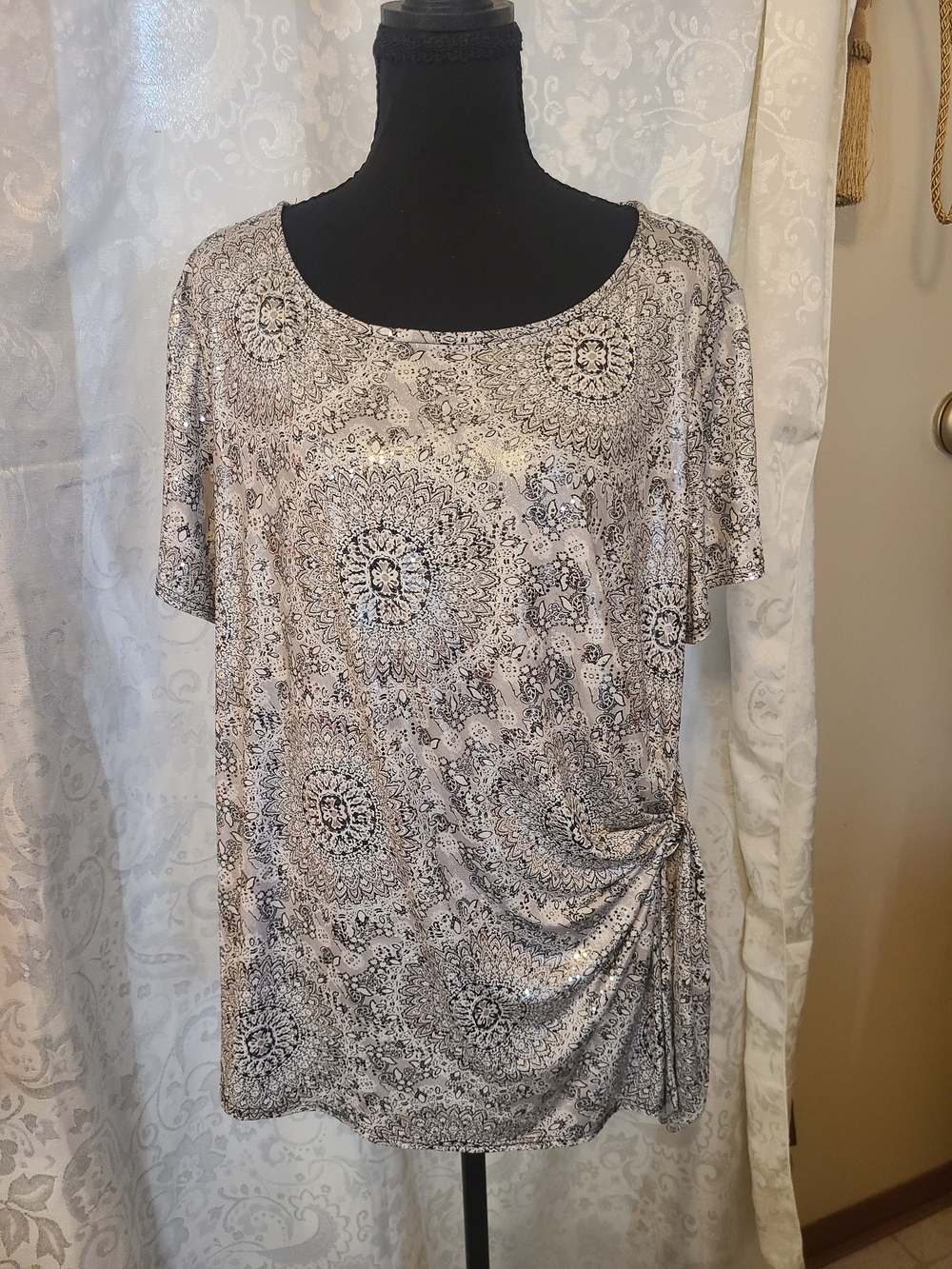 Christopher & Banks Beige and Black Medallion Short Sleeve Top with Side Knot